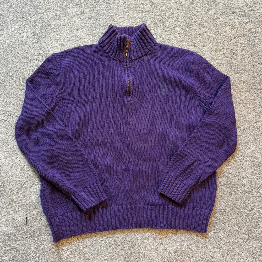 Polo Ralph Lauren Mens Purple 100% Cotton Quarter Zip Ribbed Sweater Large